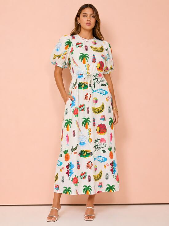 Sunday Up Dresses & Skirts - Sunday Up Paradise Printed Puff Sleeve Midi Dress Beige Multi Size Medium